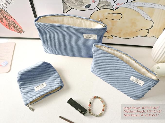 HAPPYHEIDI Corduroy Makeup Bag Set 3 w Compartment Cosmetic Toiletry Travel Pouch Purse Organizer, 3-Size, Soft Misty Blue