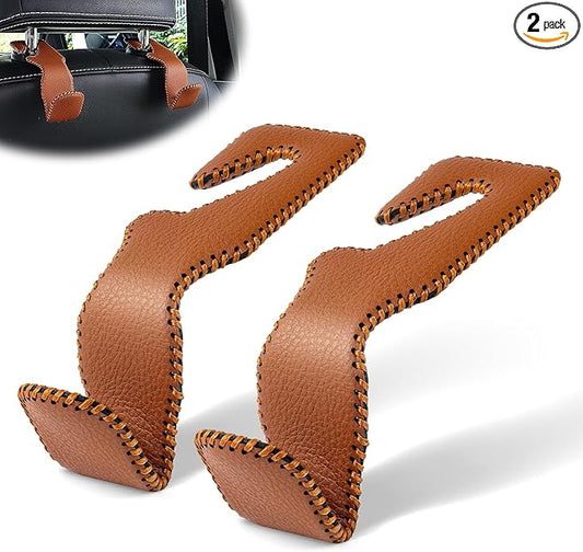 LivTee Brown Superior Leather Car Seat Back Headrest Hook, Auto Seat Hook Hangers Interior Accessories for Purse Coats Umbrellas Grocery Bags Handbag, 2-Pack