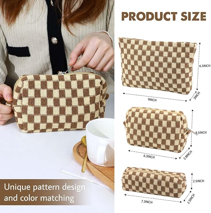 3 Pcs Makeup Bag Cosmetic Bag Set for Girls Women Checkered Travel Organizer Bathroom Toiletry Pouch Large Capacity Storage Bag (Brown)