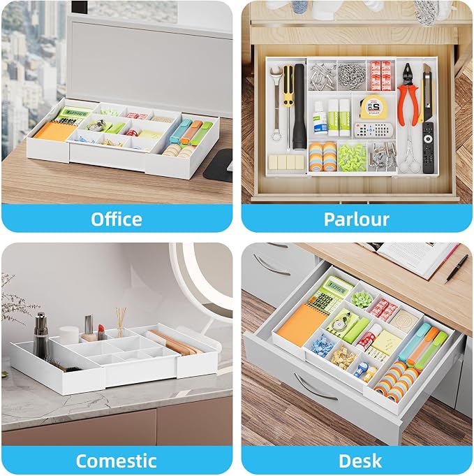 Marbrasse Expandable Desk Drawer Organizer, Clear Plastic Drawer Organizer Tray with 10 Adjustable Compartments, Desk Organizers and Accessories, 5 Drawer Dividers for Office Supplies, Makeup(White)