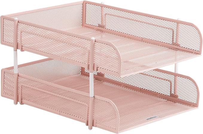 Mind Reader Stackable Paper Tray, Desktop Organizer, File Storage, Office, Metal Mesh, 2 Pcs, Pink