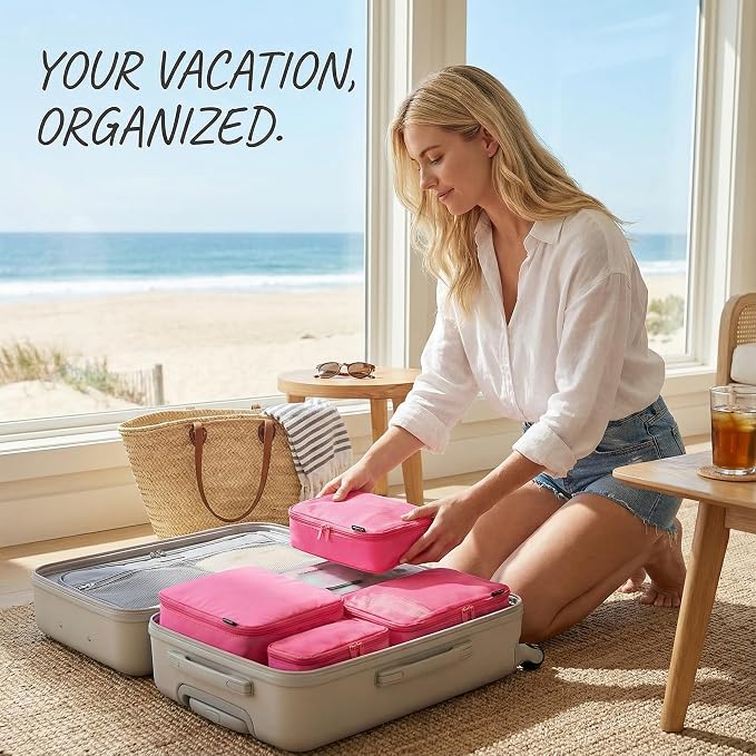 6 Set Compression Packing Cubes for 7–14 Day Travel, Rose Red | Nylon Oxford Fabric, Full Breathable Mesh, Reinforced Double-Zipper, Small to Large Size Bag, Expandable Packing System