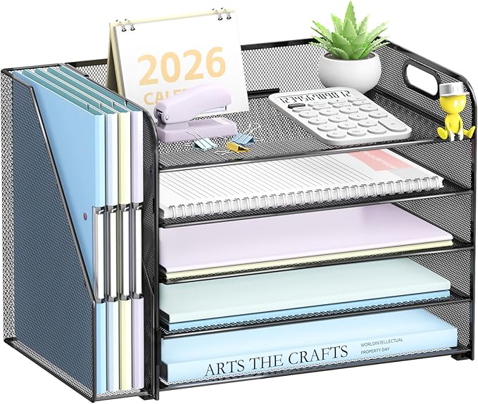 SUPEASY 5-Tier Desk Organizer with File Holder, Desk Organizers and Accessories, Paper Organizer for Desk, Mesh Desktop File Organizer, Workspace Organizers for Office School Home, Black