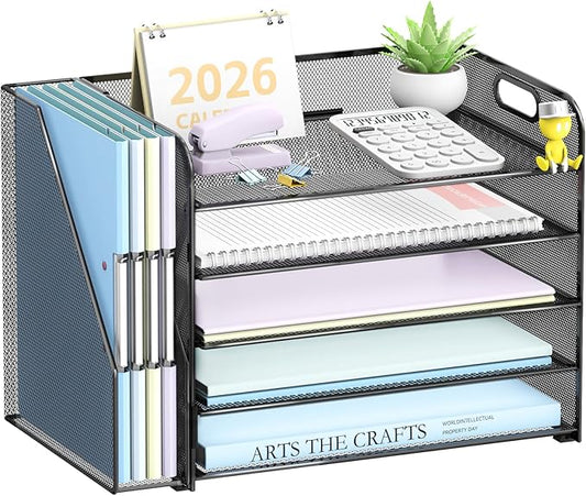 SUPEASY 5-Tier Desk Organizer with File Holder, Desk Organizers and Accessories, Paper Organizer for Desk, Mesh Desktop File Organizer, Workspace Organizers for Office School Home, Black