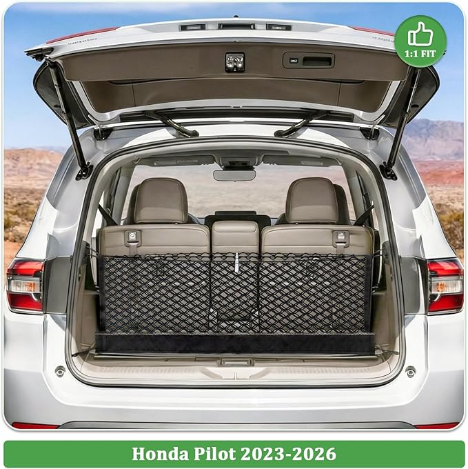3-Layer Cargo Net for Honda Pilot 2023-2026, Zipper Bag Trunk Net for SUV, Heavy Duty Oxford Cargo Organizer Storage Nets with Carabiners