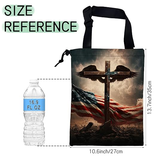 Cross with Wings Car Trash Bag,American Flag Hanging Drawstring Car Garbage Bag,Waterproof Canvas Car Back Seat Organizer with Adjustable Buckle,for Vehicles,SUVs,Camping,Road Trips