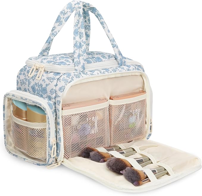 Travel Makeup Bag, Lightweight Wide-open Toiletries Bag for Women, Large Cosmetic Organizer Bag with Makeup Brushes Compartment for Travel-Sized Essentials for Trip, Camping - Blue Flower
