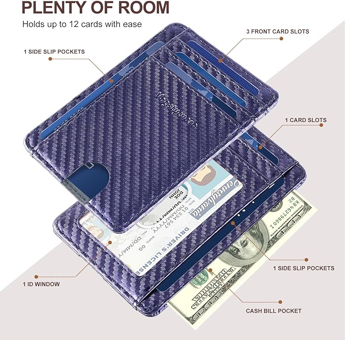 Front pocket thin wallet for Men Women RFID Blocking Credit Card Holder Card Cases Slim Minimalist wallet with Gift Box (1, Carbon Fiber Blue)