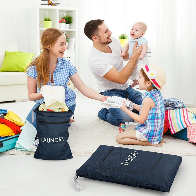 Weesiber 2 Pack Laundry Bags - Foldable Travel Dirty Clothes Organizer with Zipper, Washable Wet Dry Bag for Gym, Swimming, Yoga, and Workout Bathing Suits (Navy Blue, Small+ Large)