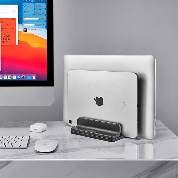 Dual Vertical Laptop Stand, 3 in 1 Upright Desktop Stand Holder with Adjustable Dock (Up to 17.3''), Leather Laptop Rack Storage Desk Organizer for Phone, Tablet, MacBook/HP/Dell/Chrome Book (Black)