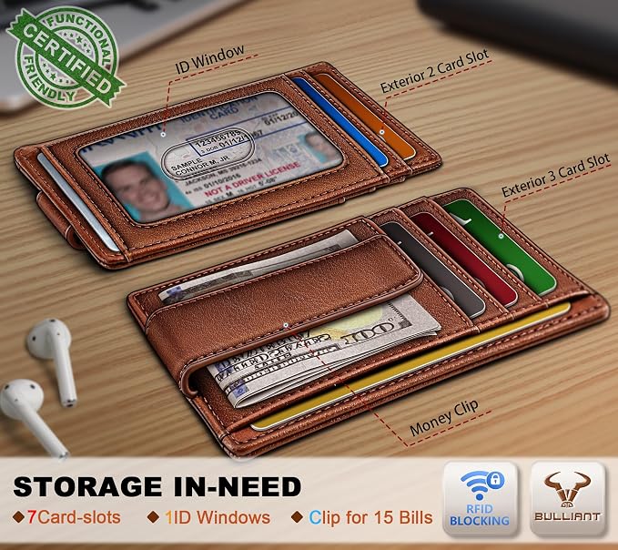 BULLIANT Men Wallet,Slim Leather Wallet Money Clip Card Hodler For Men Gift 8 Cards RFID Blocking