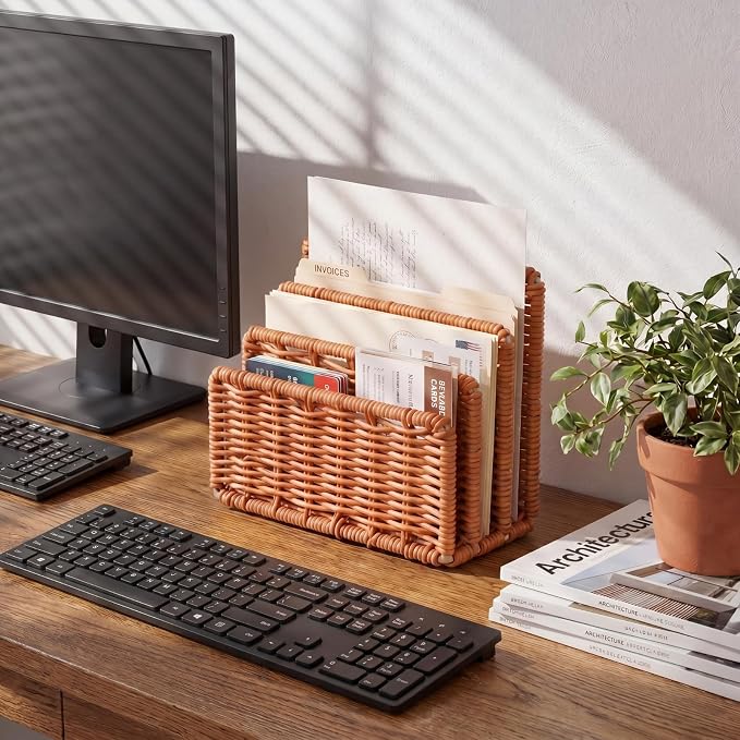 Rattan Mail Organizer for Desk Mail Holder Countertop with 3 Slot Rattan Letter Sorter File Holder Envelope Book Stand Office Desk Organizer and Storage Accessories