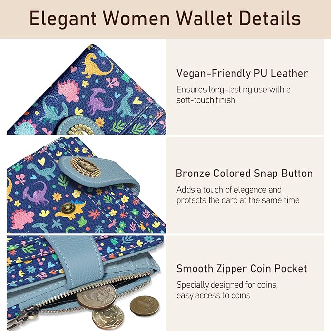Kelvoris Cute Dinosaurs Small Rfid Women Wallet Bifold Zipper Coin Pocket PU Leather Compact Cash Credit Card Holder Travel Wallet for Female Ladies Teen Girls 1 ID Window 10 Card Slots