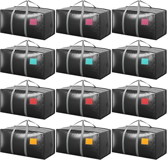 12 Pack Moving Bags with Full-Open Side Zipper, Extra Large 93L Heavy Duty Waterproof Foldable Storage Totes for College Dorm, Moving & Home Organization Gray