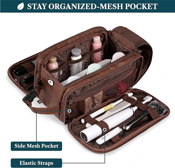PAVILIA Toiletry Bag for Men, Hanging Travel Dopp Kit Organizer, PU Leather Water Resistant Bathroom Bag for Shaving Grooming, Large Capacity Cosmetic Bag Travel Essentials, Brown
