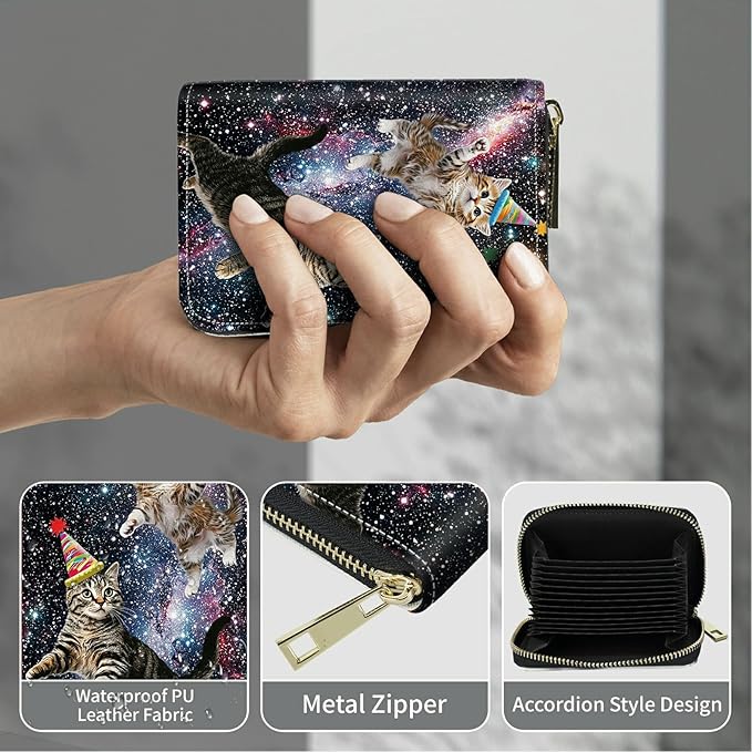 Cute Credit Card Holder with Zipper, Cats Galaxy Nebula RFID-Blocking Card Case Small Wallet for Women Men, Multi-slot Card Organizer Case Travel Accordion Wallet