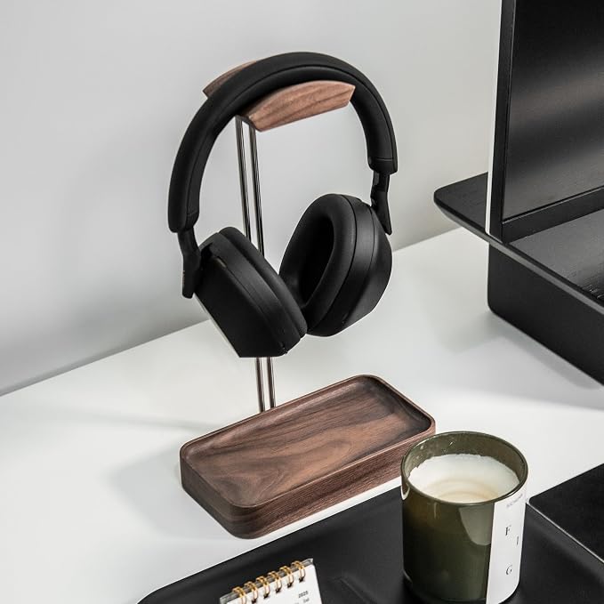 Raico Headphone Stand with Catchall Tray Base Premium Showpiece Headset Holder with Storage Solid Wood (Walnut)