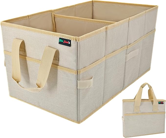 PAT SAM'S Car Trunk Organizer for SUV, Foldable Collapsible Storage Organizer with Dividers, Non-Slip Waterproof 600D Oxford, Backseat & Trunk Storage for Groceries, Tools, Toys (Beige)