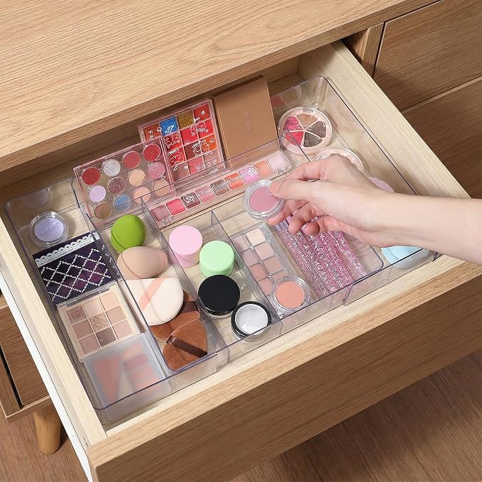 Expandable Acrylic Drawer Organizer, Clear Desk Drawer Organizers Tray with 8 Adjustable Compartments Multifunctional Desk Accessories for Vanity, Office, Kitchen, Bathroom