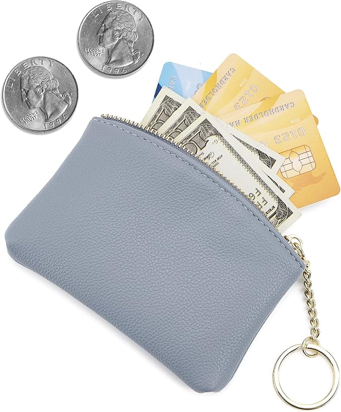 WOZEAH Artificial Leather Coin Purse Change Purse With Key Chain Ring Zipper For Men Women (A Blue)