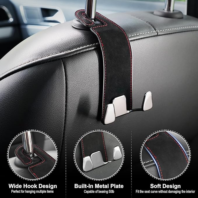 GaRhomxy Car Seat Headrest Hook, Premium Suede Double Hook 2 Pack, Universal Hanging Accessories for Purse, Bag, Groceries - Car Interior Accessories (Black)