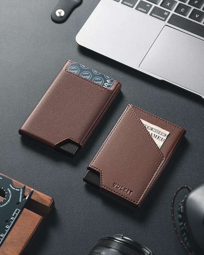 VULKIT Pop up Card Wallet RFID Blocking Slim Aluminum Metal Bank Card Holder Case with Business Money Pocket for Credit Cards Notes and Coins (Espresso)