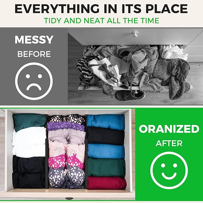 4 Pack Bamboo Drawer Dividers Organizer with Inserts 2.6'' High, Expandable from 12.5-21.7", Adjustable Drawer Organizer Separators for Utensils, Clothing, Office, Dresser, Bedroom, (Black)