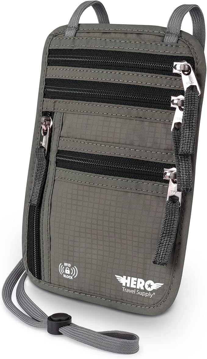 HERO Neck Wallet - RFID Blocking Passport Holder, Easy to Conceal and Pouch (Army Grey)