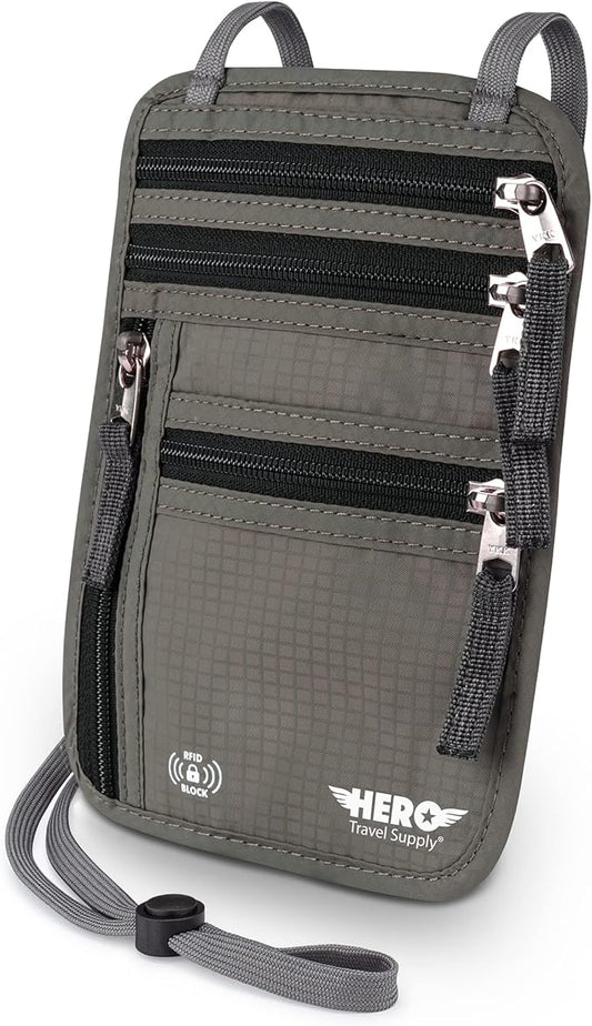 HERO Neck Wallet - RFID Blocking Passport Holder, Easy to Conceal and Pouch (Army Grey)