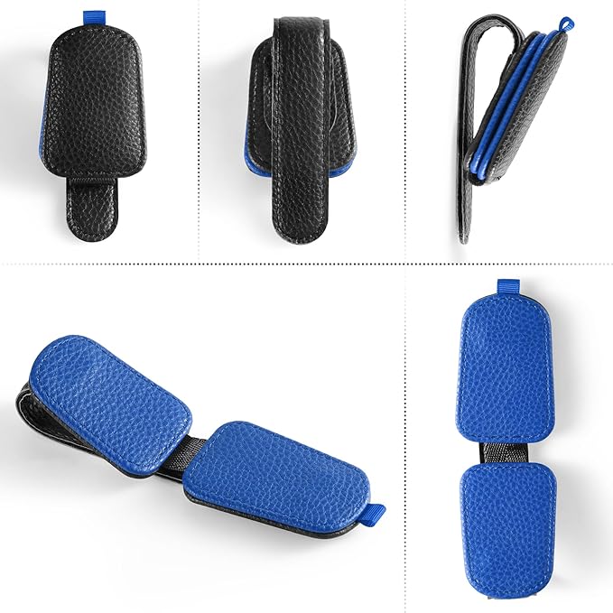 SINGARO Sunglasses Holder for Car, Leather Magnetic Buckle Sun Visor Sunglass Clip, Ticket Card Storage Glasses Clip, Car Interior Accessories for Men and Women（2PCS Black-Blue）