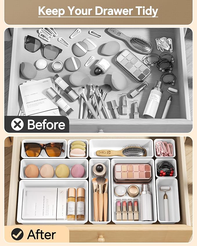 KEMETHY 25 PCS Plastic Drawer Organizers Set, 4 Sizes Vanity Organizer, Makeup and Desk Drawer Organizer Trays, Organization and Storage for Makeup, Bathroom, Kitchen Utensils and Office (White)