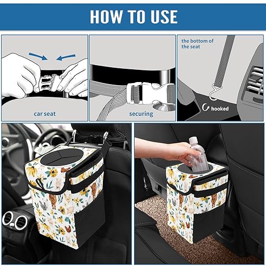 Car Trash Can with Lid Boho Floral Highland Cow Pig Collapsible Reusable Leak-Proof Auto Garage Bag,Hanging Vehicle Car Accessories Interior Car Organizer