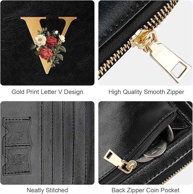 Passport Holder for Travel Wallet Women Zipper Wallets Personalized Passport Holder Cover Initial Letter Rose Flower Passport Book Holders RFID Blocking Credit Card Holder, V
