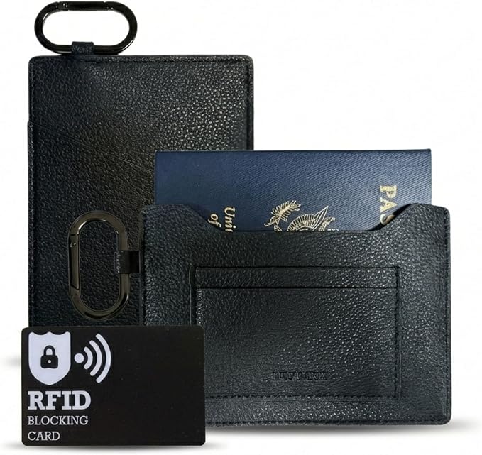 Passport Holder – Slim RFID Blocking Leather Passport Wallet with Built-In RFID Protection & Black-Tone Carabiner, Travel Essentials (BLACK - Clip Carabiner)