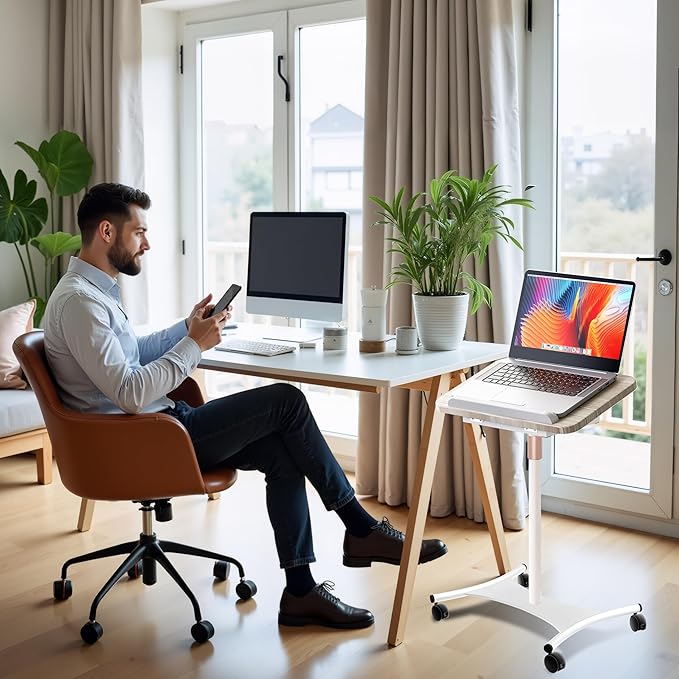 Rolling Laptop Floor Stand, Dual-Purpose for Desk & Floor, Adjustable Height from 16.5" to 51", with 4 Lockable Casters & Book Page Clips, Portable Laptop Stand (White Ash Finishing)