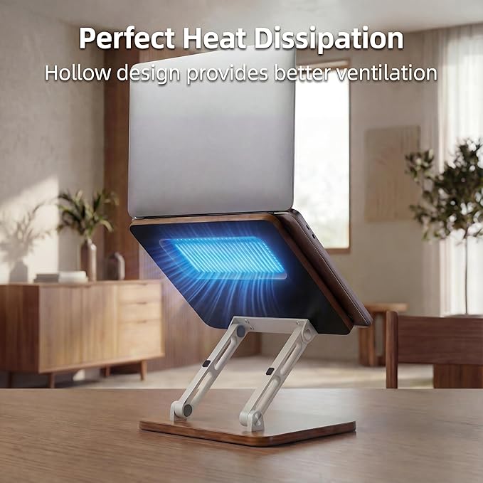 Ergonomic Adjustable Laptop Stand, Wooden & Metal Laptop Riser with Hollow Heat Dissipation, Foldable for Desk Use,Fits 10-17 Inch Laptops/Tablets