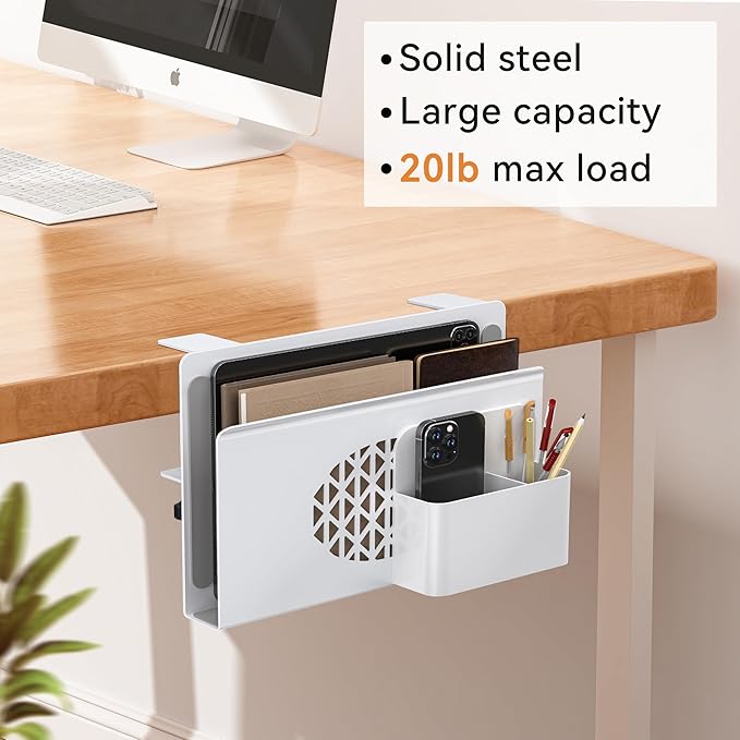 Desk Side Storage, Metal Laptop Holder with Magnetic Pen Box, Clamp-On Under Desk Organizer with Cooling Holes & Anti-Scratch Pads for Office and Home (White)
