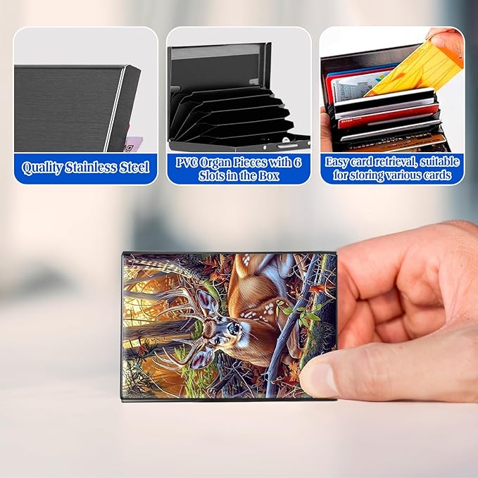 RFID Blocking Credit Card Holder - Slim Metal Wallet for Women & Men,Deer In Forest Design Stainless Steel Business Card Case,Compact Pocket Organizer for Travel & Daily Use