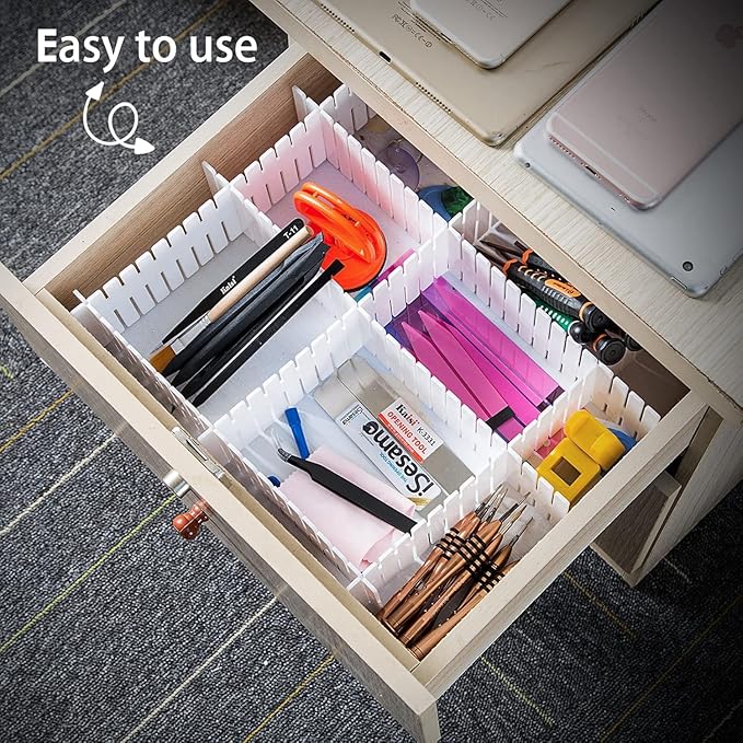 85Pcs Drawer Dividers, Adjustable Drawer Organiser, Cut at Will for Tidying Clutter Clothes, Socks, Makeup, Dresser, Kitchen White
