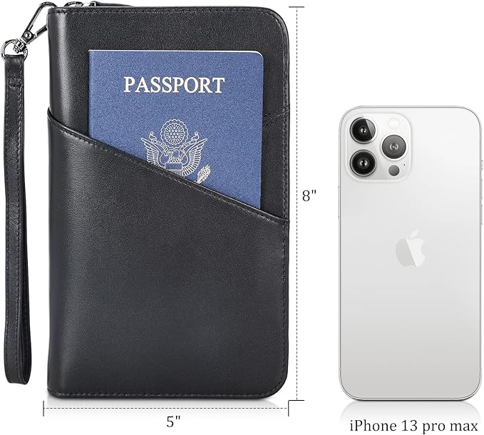 Polare Napa Leather Passport Holder With YKK Zipper RFID Blocking Travel Document Organizer Ticket Holder Cover Case Holds 2 Passports (Black)