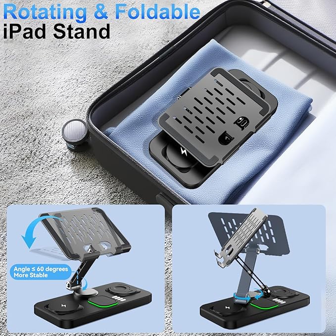 6 in 1 Wireless Charger for Apple Multiple Devices, Charging Station with Clock &7 Color Ambient Light, Foldable Rotate Stand for iPad, for iPhone17/16/15, Support for Apple Watch11/10 For AirPods4