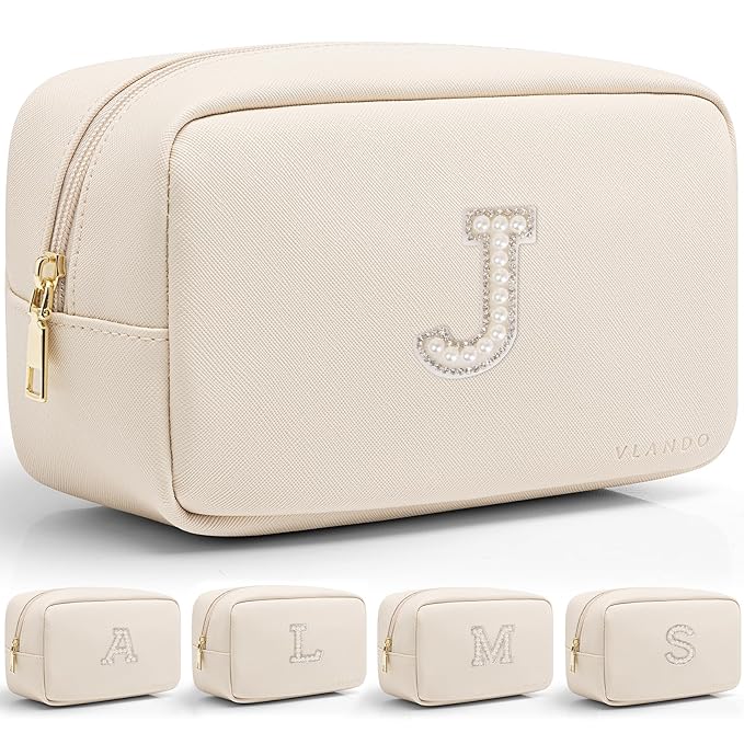 VLANDO Birthday Gifts for Women Makeup Organzier Bag 20th 30th 40th 50th 60th Birthday Gifts for Women Initial Makeup Pouch Gift Ideas for Mom Sister Teachers J