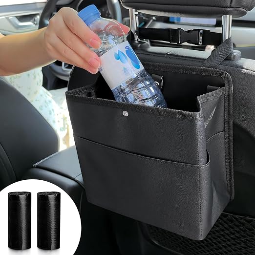 Accmor Car Trash Can with Pocket, Small Vehicle Dustbin Automotive Garbage Organizer Bin with 60 Pcs Trash Bags, Hanging Cars Storage Container for SUV Vans (Black)