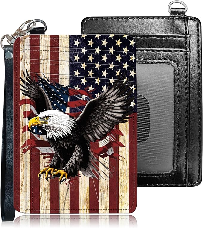 Slim RFID Blocking Card Holder Wallet with Wrist Strap - Minimalist Front Pocket Wallet, Flag Eagle Design, PU Leathe, for Men & Women, Ideal for Travel & Gifts