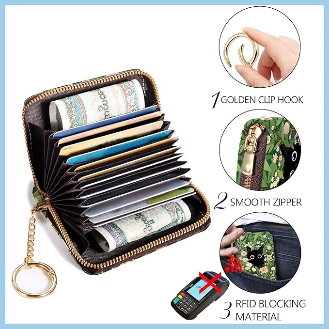 Blusabaca Credit Card Holder for Women, Black Cat Flower Small RFID Blocking Wallet with Wristlet Strap, Keychain Zipper Wallet, Leather Card Case, Card Wallet Purse with Key Lanyard