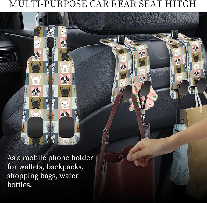 PU Leather Car Seat Hook, Storage Headrest Hanger, Cute Car Backseat Organizer, Car Hooks for Purses and Bags Dog Faces