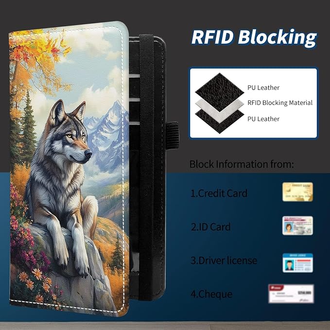 Check Book Cover for Personal Checkbook with Duplicate Checks for Women's & Men PU Leather Wallets Check Book Holder with Pen Card Slots Elastic Strap,Deep Forest Wolf