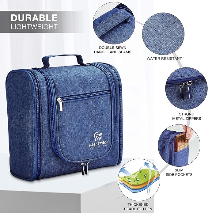 Freegrace Extra Large Hanging Toiletry Bag for Men and Women - Water-Resistant Nylon Travel Bathroom Organizer for Cosmetics, Makeup, and Toiletries