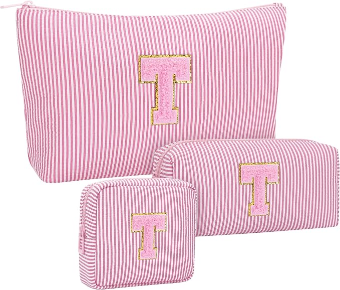 Initial Makeup Bag Cosmetic Bag Bridal Shower Gifts - Bridesmaid Bag,Bridesmaid Proposal Gifts for Wedding Day,Maid Matron of Honor Gift, Bride to be Gifts,Bachelorette Party Favors,3PCS,Pink T