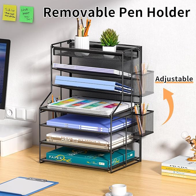 7 Tier Desk File Organizer, Black Metal Letter Tray Paper Organizer with Pull-Out Drawer, Removable Pen Holder & Hanging Basket, Vertical Desktop File Holder for Home Office, Classroom